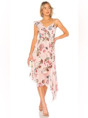 Nicholas Pink Floral Frill Ruffle Midi Dress in Lilac size 2